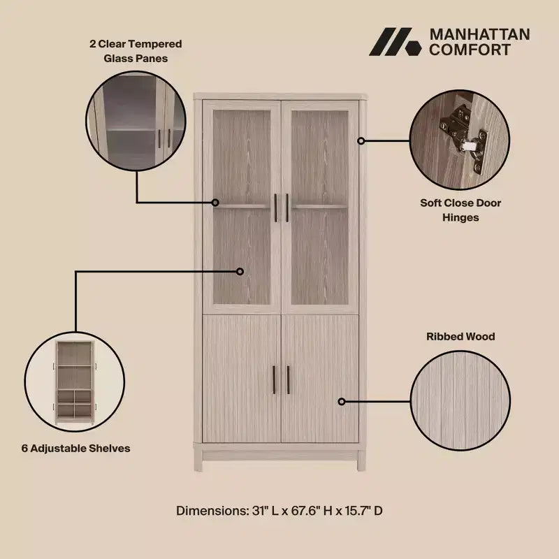 Manhattan Comfort 67.6 Bibliothèque Jodie avec 6 étagères réglables et portes en verre trempé