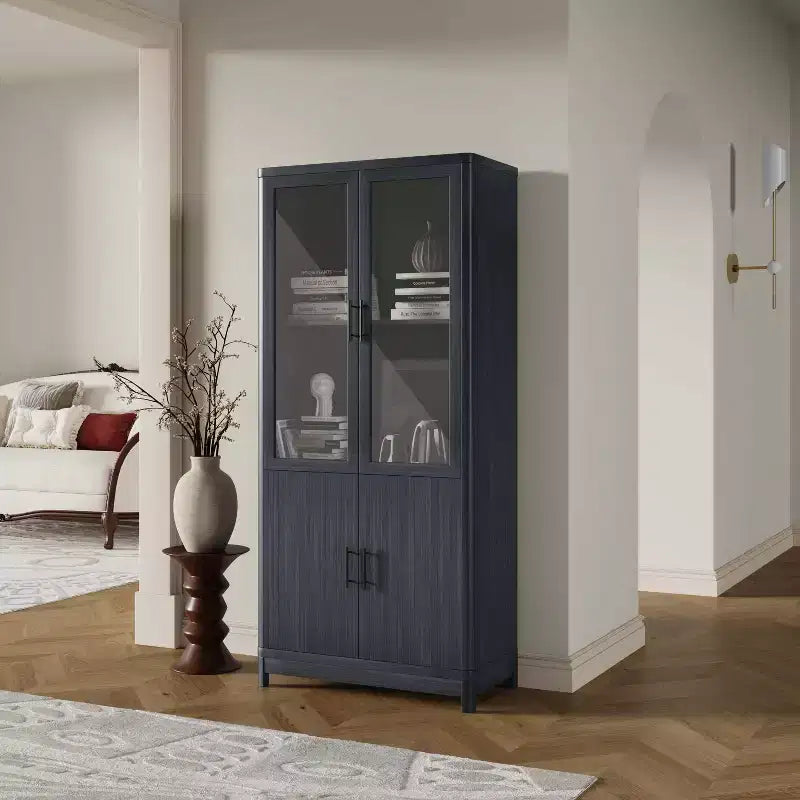 Manhattan Comfort 67.6 Bibliothèque Jodie avec 6 étagères réglables et portes en verre trempé