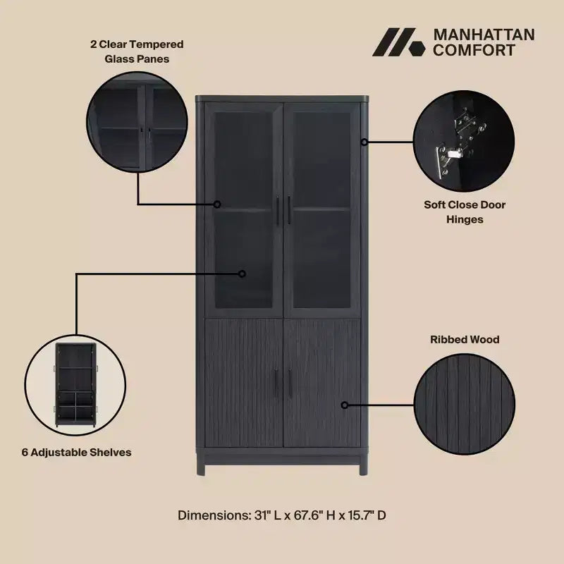 Manhattan Comfort 67.6 Bibliothèque Jodie avec 6 étagères réglables et portes en verre trempé