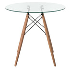 Table à manger d'appoint ronde avec plateau en verre transparent et 4 pieds en bois de hêtre massif