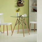 Table à manger d'appoint ronde avec plateau en verre transparent et 4 pieds en bois de hêtre massif
