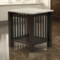 Moen 21 Inch Side End Table, White Faux Marble, Bottom Shelf, Black Wood