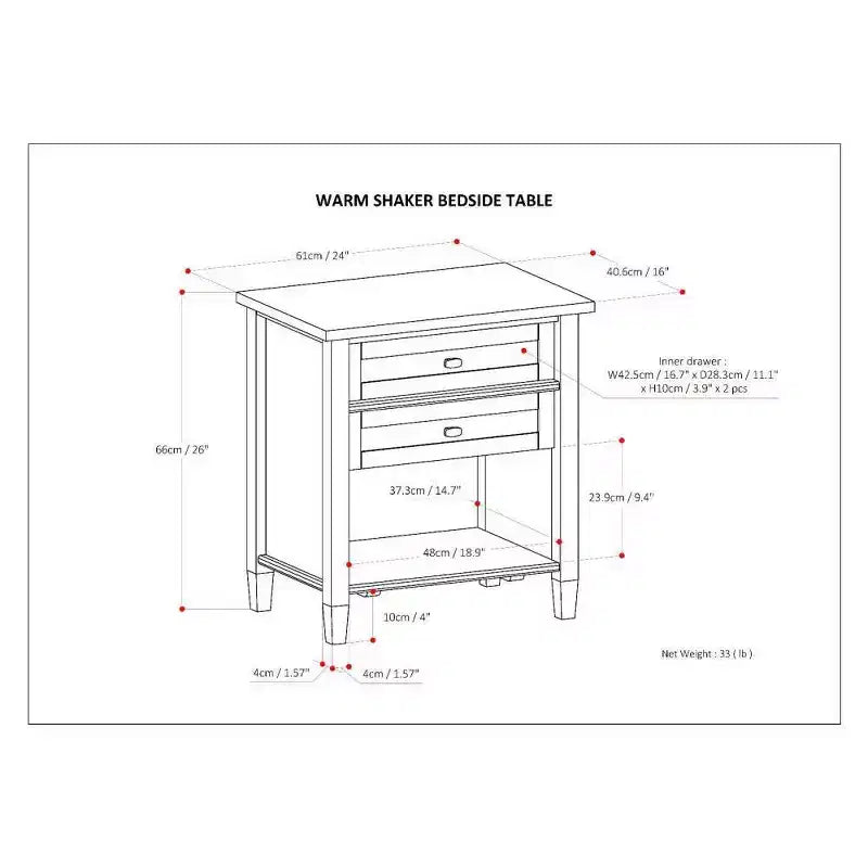 Table de chevet Norfolk - WyndenHall : Bois massif, 2 tiroirs, étagère ouverte