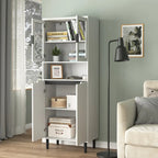 Meuble de rangement haut avec 2 portes vitrées et 2 portes, armoire moderne autoportante pour salle de bain, salle à manger ou salon
